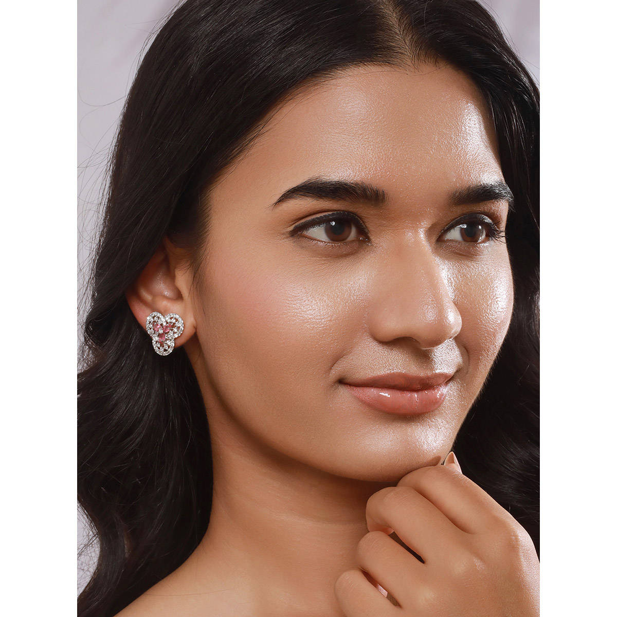 Aatmana Silver-Plated Pink American Diamond Floral Stud Earrings