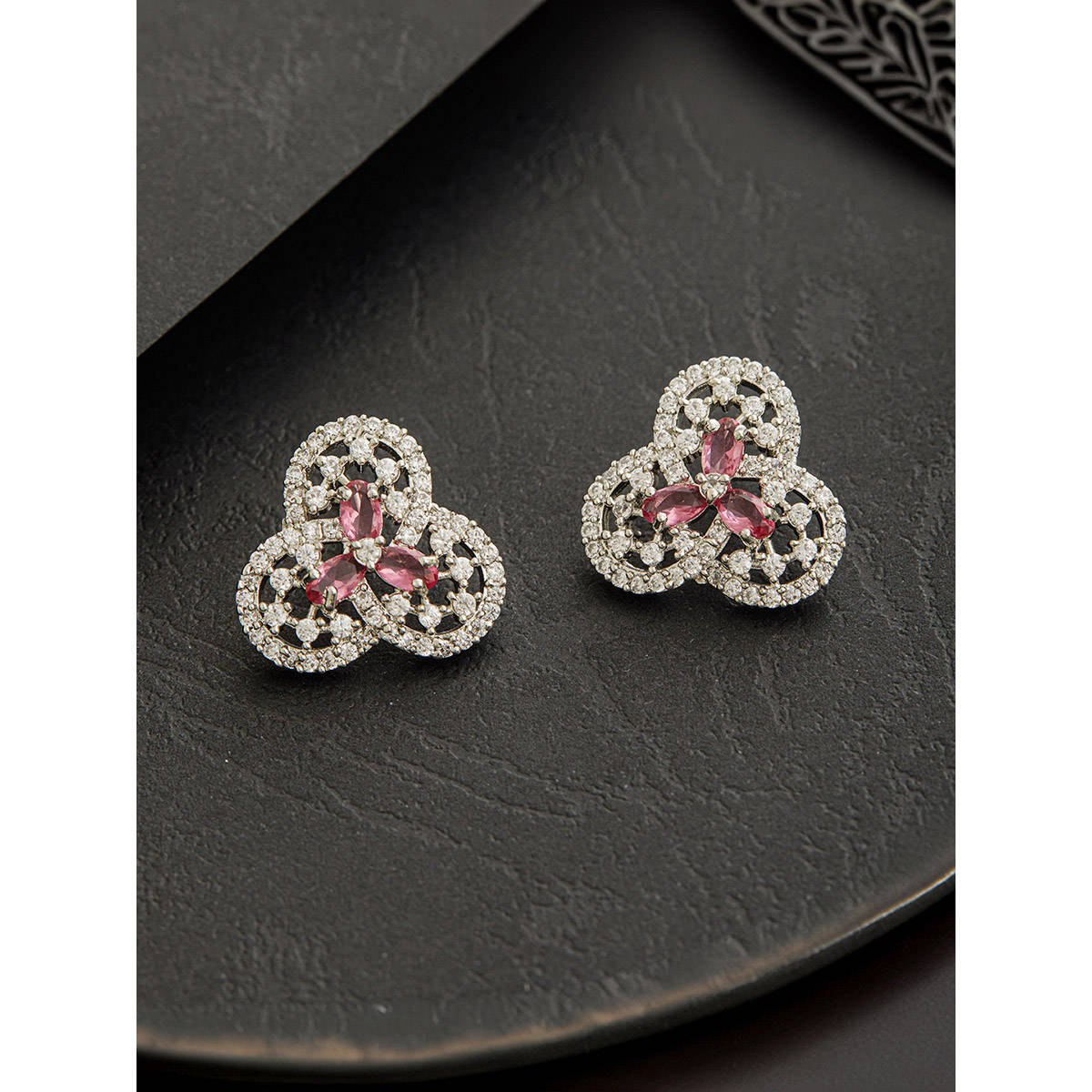 Aatmana Silver-Plated Pink American Diamond Floral Stud Earrings
