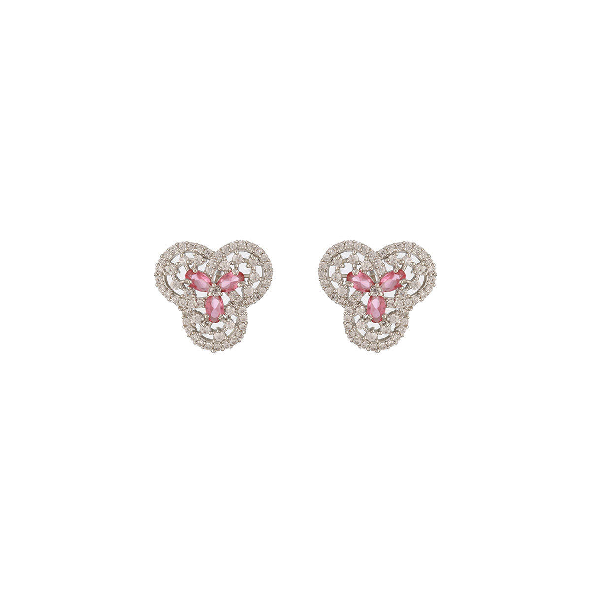 Aatmana Silver-Plated Pink American Diamond Floral Stud Earrings