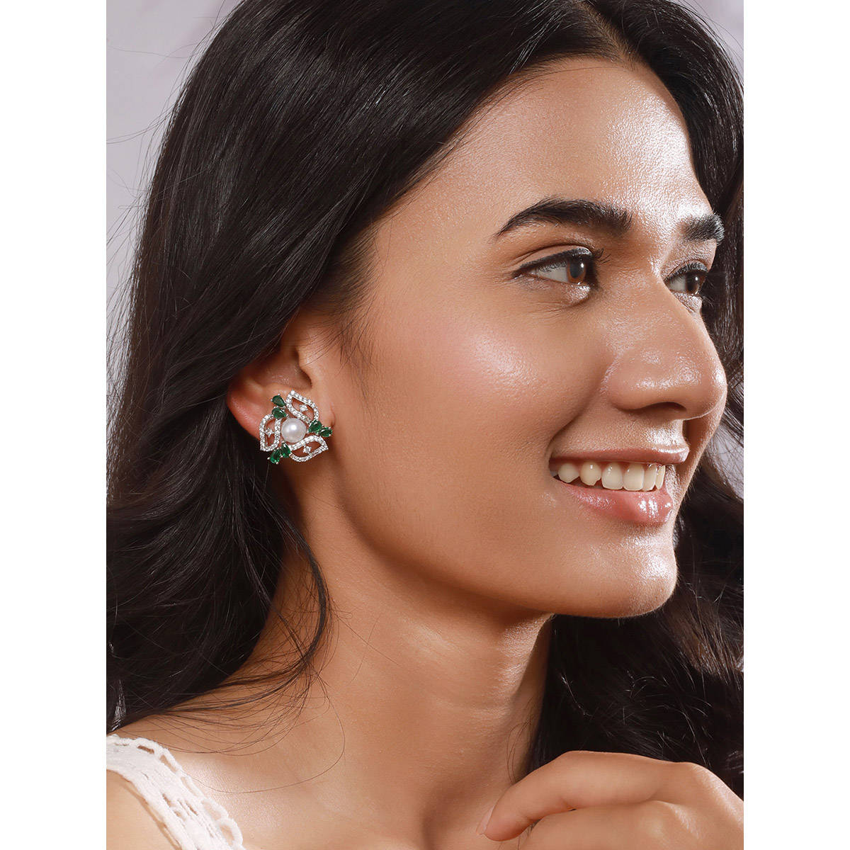 Aatmana Silver Plated Green American Diamond Floral Stud Earrings