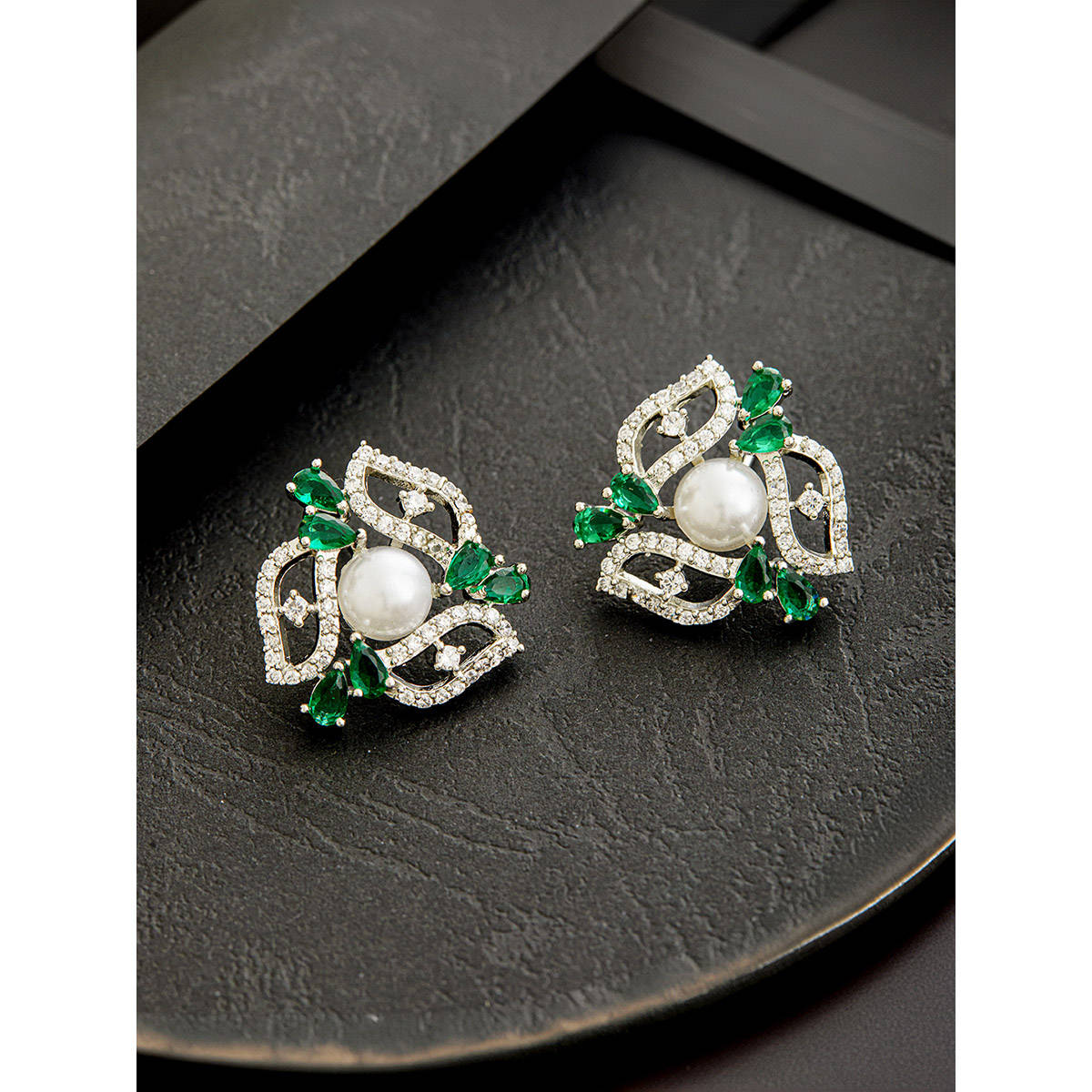 Aatmana Silver Plated Green American Diamond Floral Stud Earrings