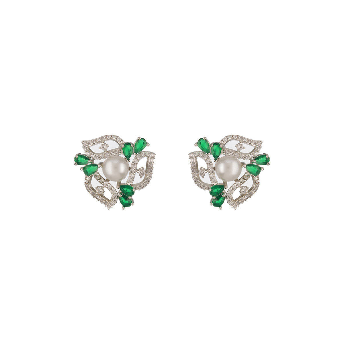 Aatmana Silver Plated Green American Diamond Floral Stud Earrings