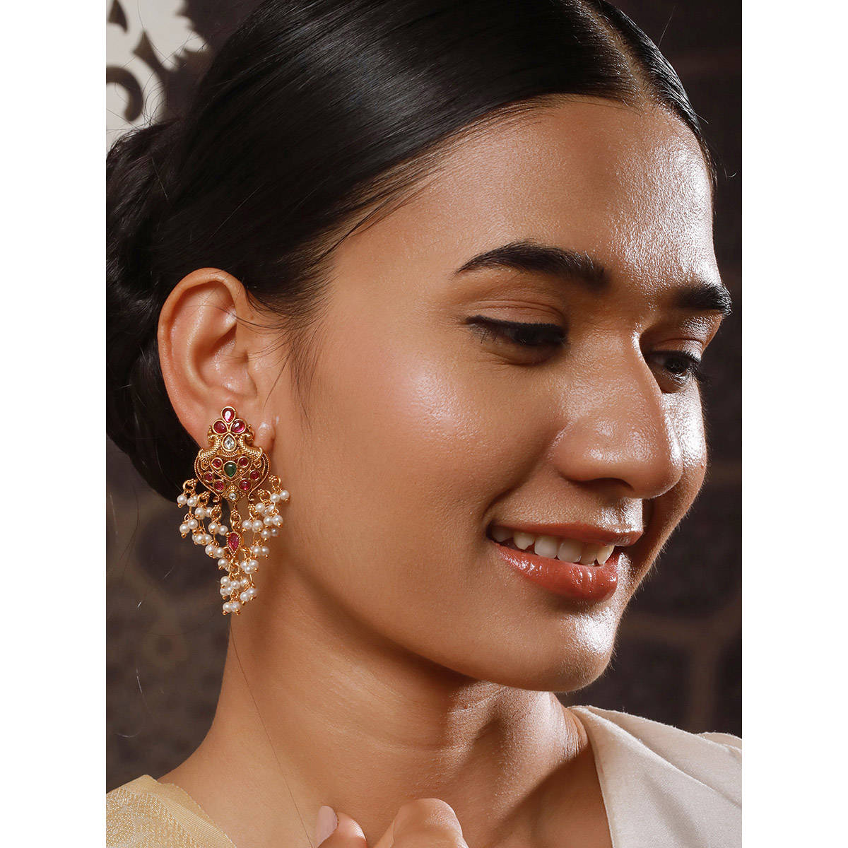 Aatmana 22Kt Gold Plated American Diamond Peacock Shaped Drop Earrings · One Size