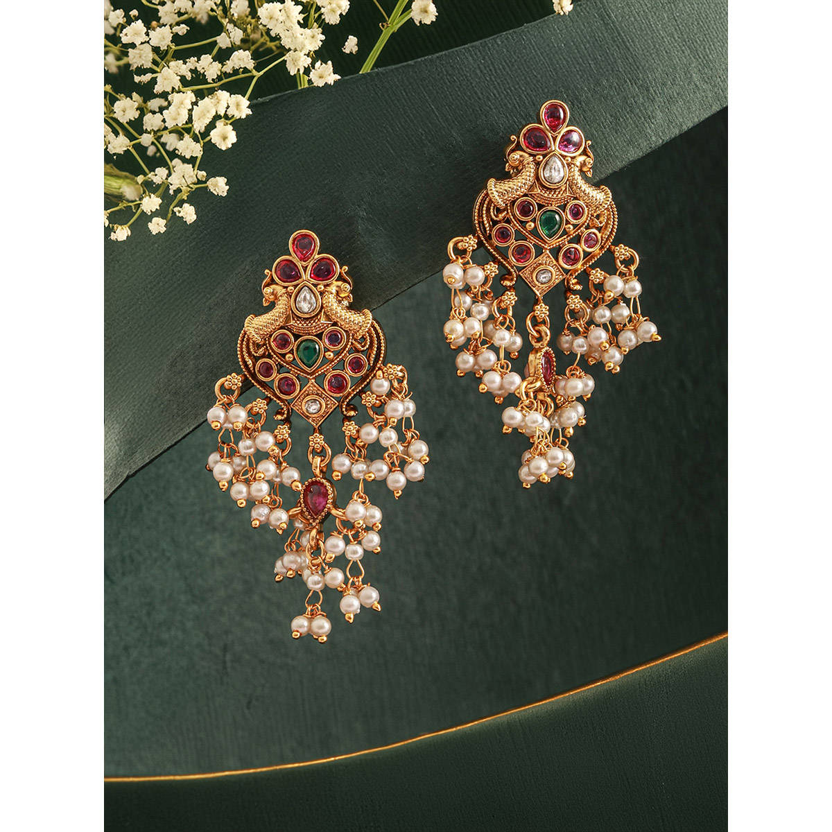 Aatmana 22Kt Gold Plated American Diamond Peacock Shaped Drop Earrings