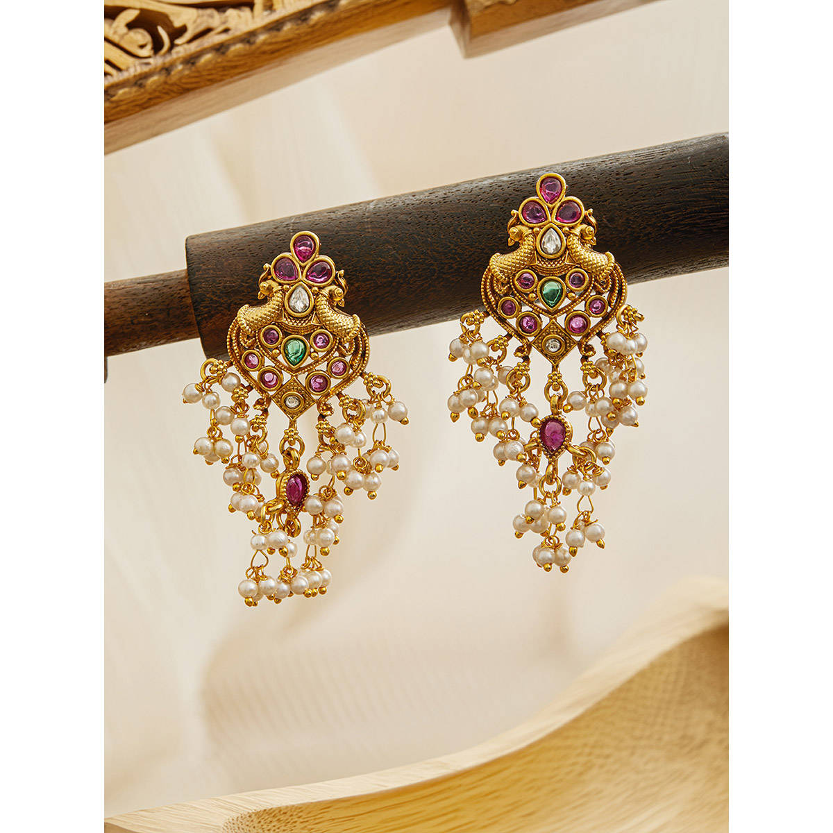 Aatmana 22Kt Gold Plated American Diamond Peacock Shaped Drop Earrings