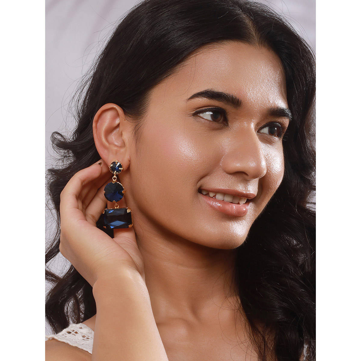 Aatmana Gold Plated Navy Blue Artificial Stones Drop Earrings