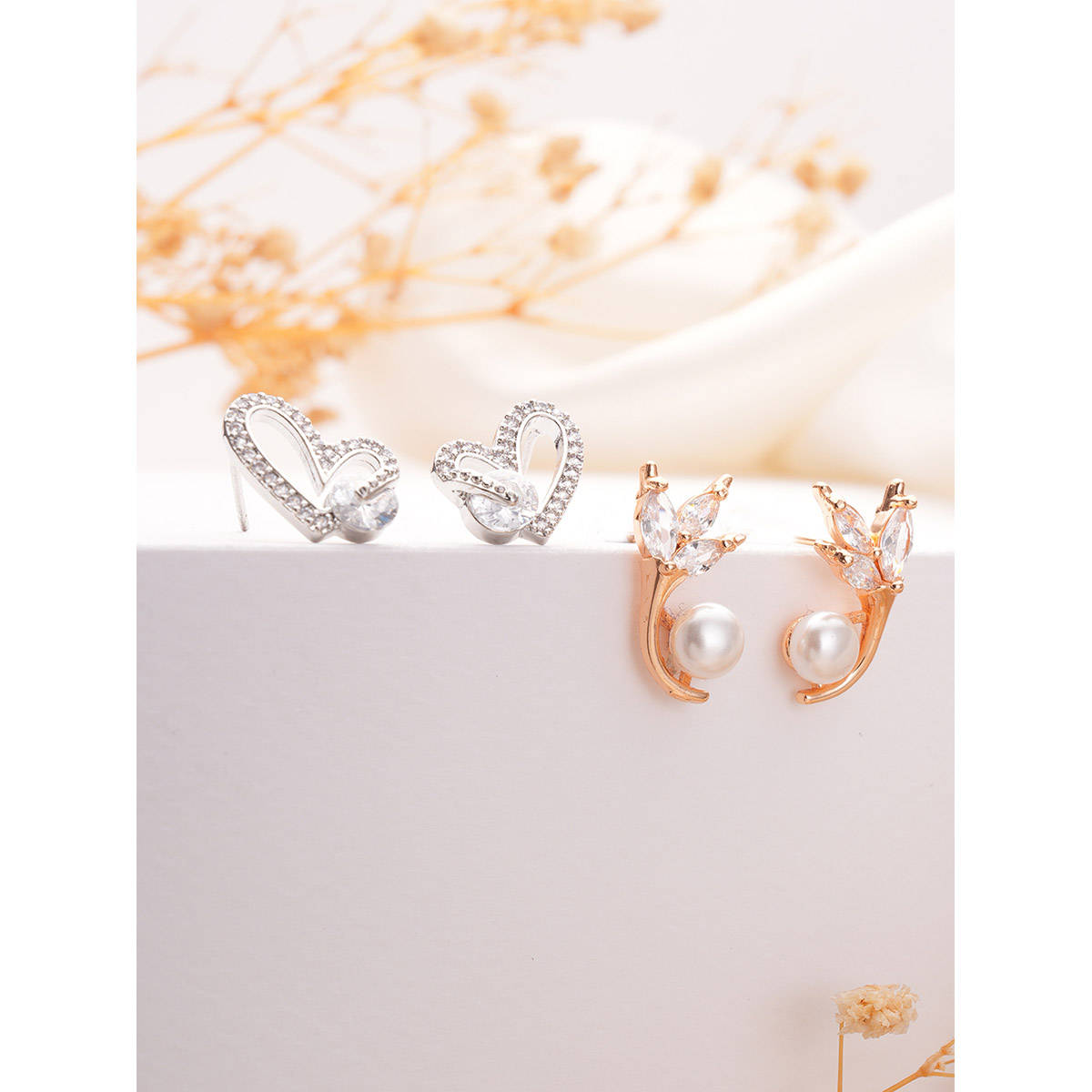 Aatmana Gold Plated Pearl Beaded and Cz Studded Drop Earrings (Pack of 2)