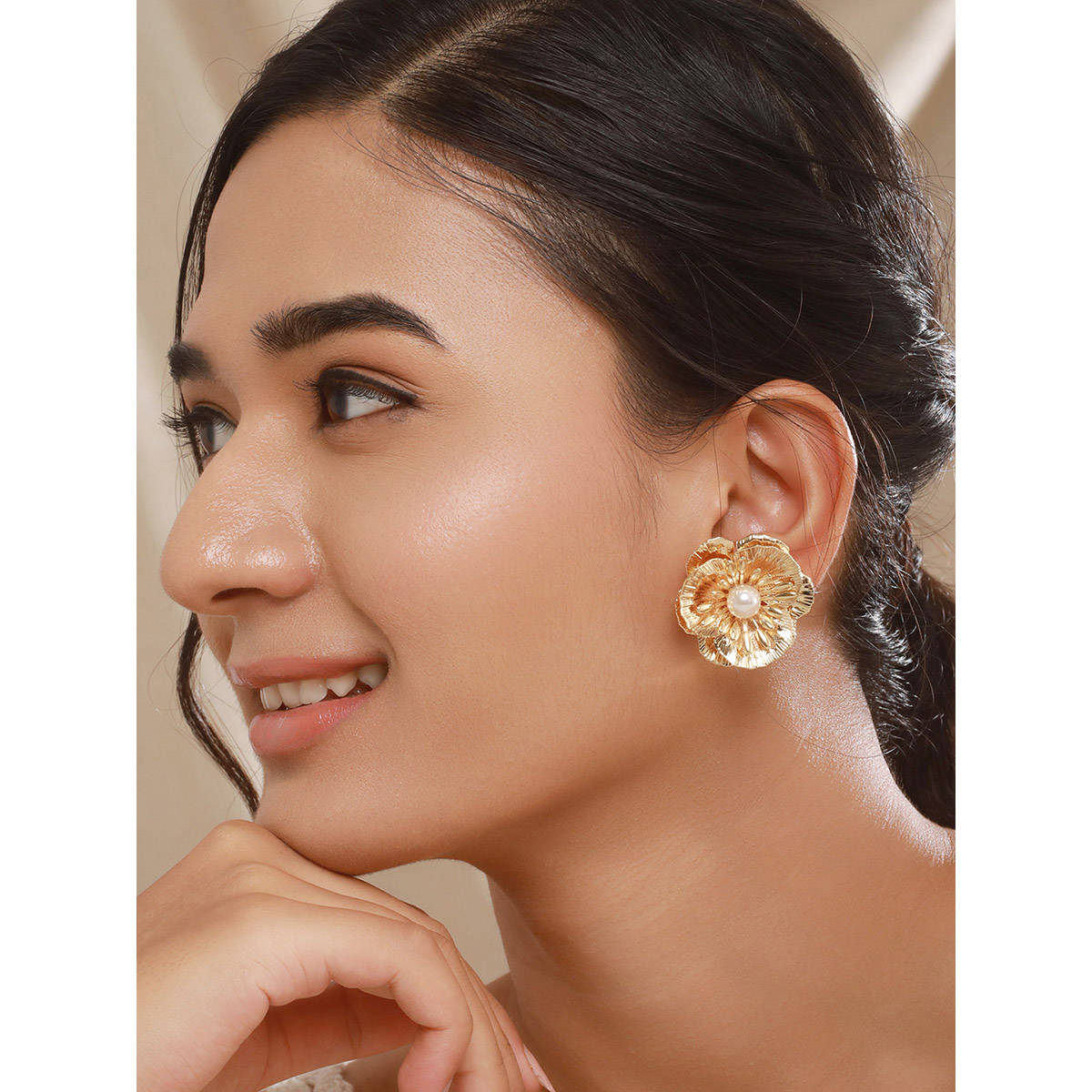 Aatmana Gold Plated Pearl Floral Shaped Stud Earrings · One Size