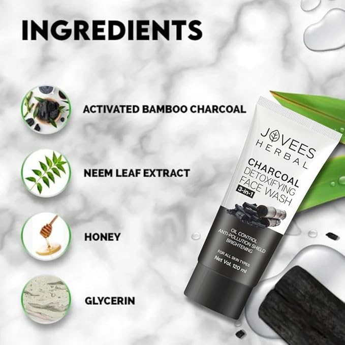 Jovees Herbal Activated Charcoal Detoxifying Face Wash For Anti Pollution, Deep Pore Cleansing, Oil Control, Removes Dirt & Impurities | Suitable for Acne Prone