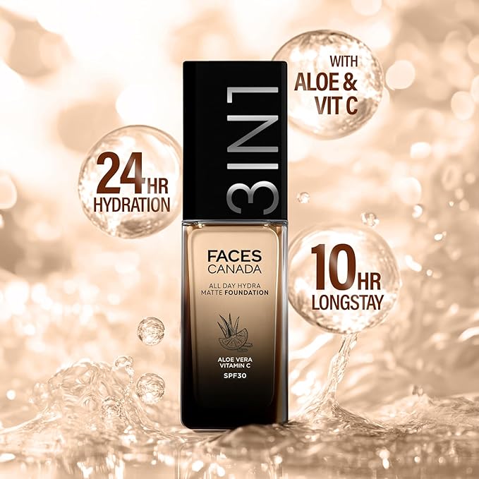FACESCANADA All Day Hydra Matte Foundation Cream| 3-in-1 Foundation + Moisturizer + SPF 30|24 HR Aloe Hydration & Vitamin C|10HR Long Wear|Medium to High Builda