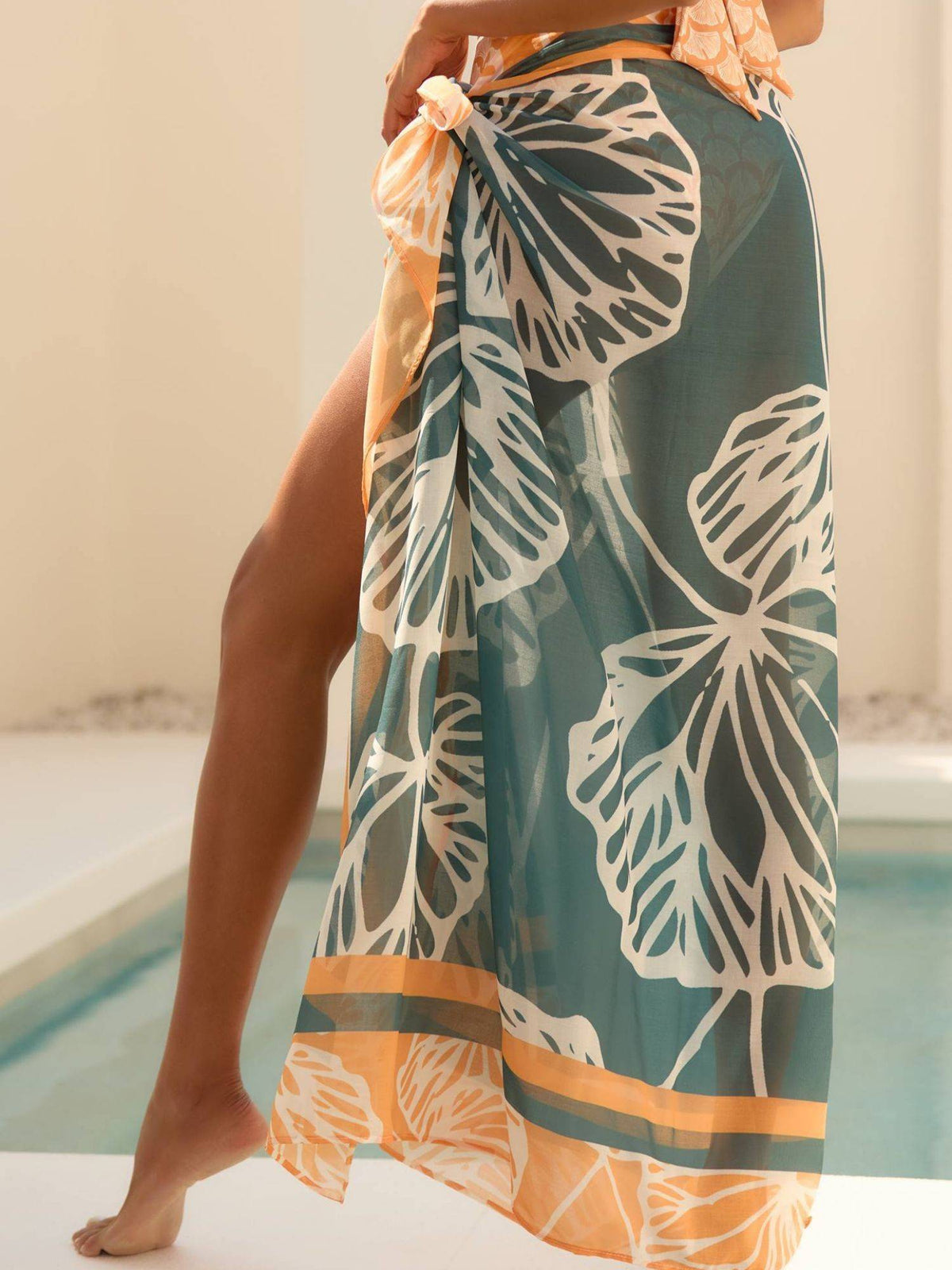 Addery Earthy Tropical Leaf Sheer Chiffon Beach Sarong Cover-Up (S) · S