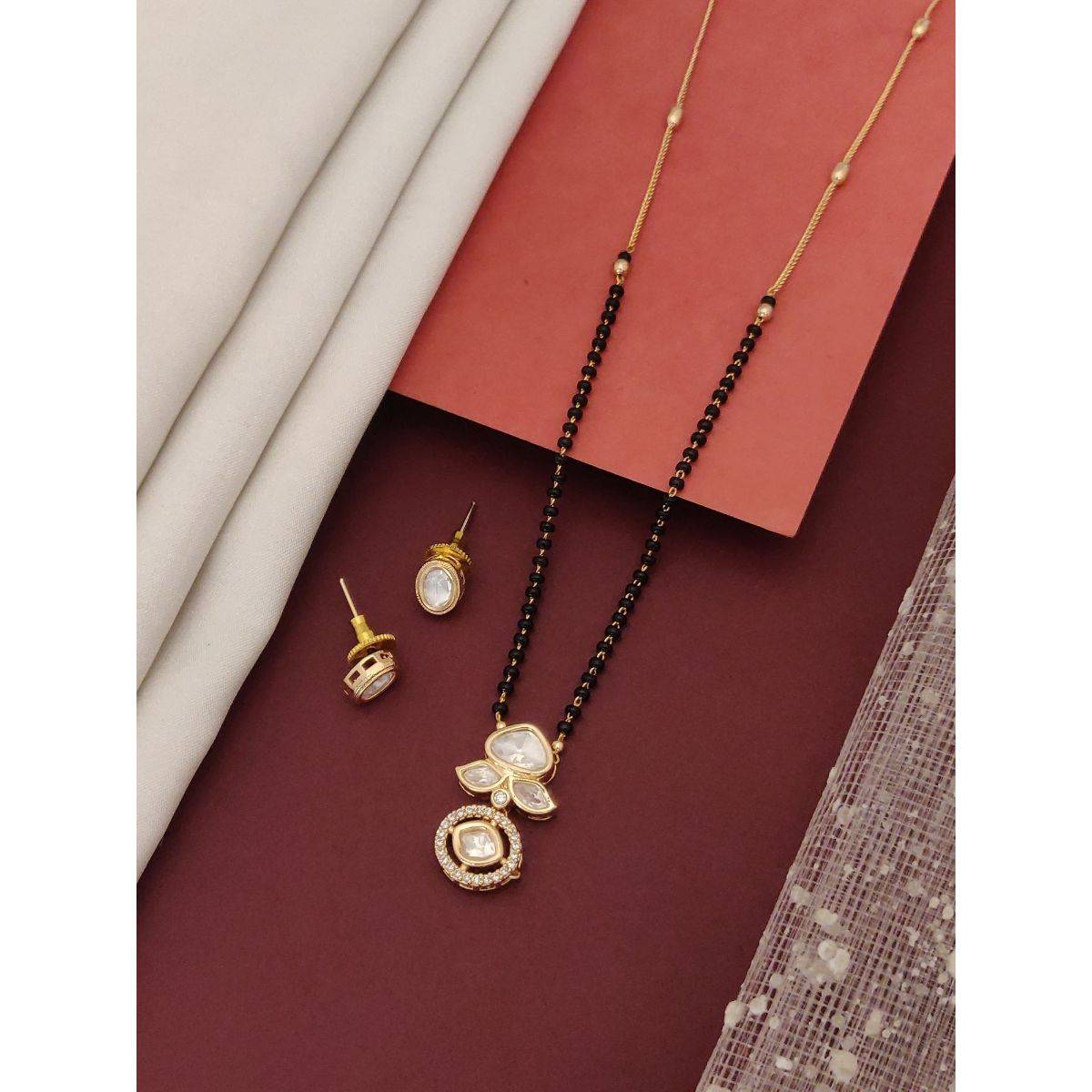 Abdesigns Gold Plated American Diamond Kundan Mangalsutra With Earrings White