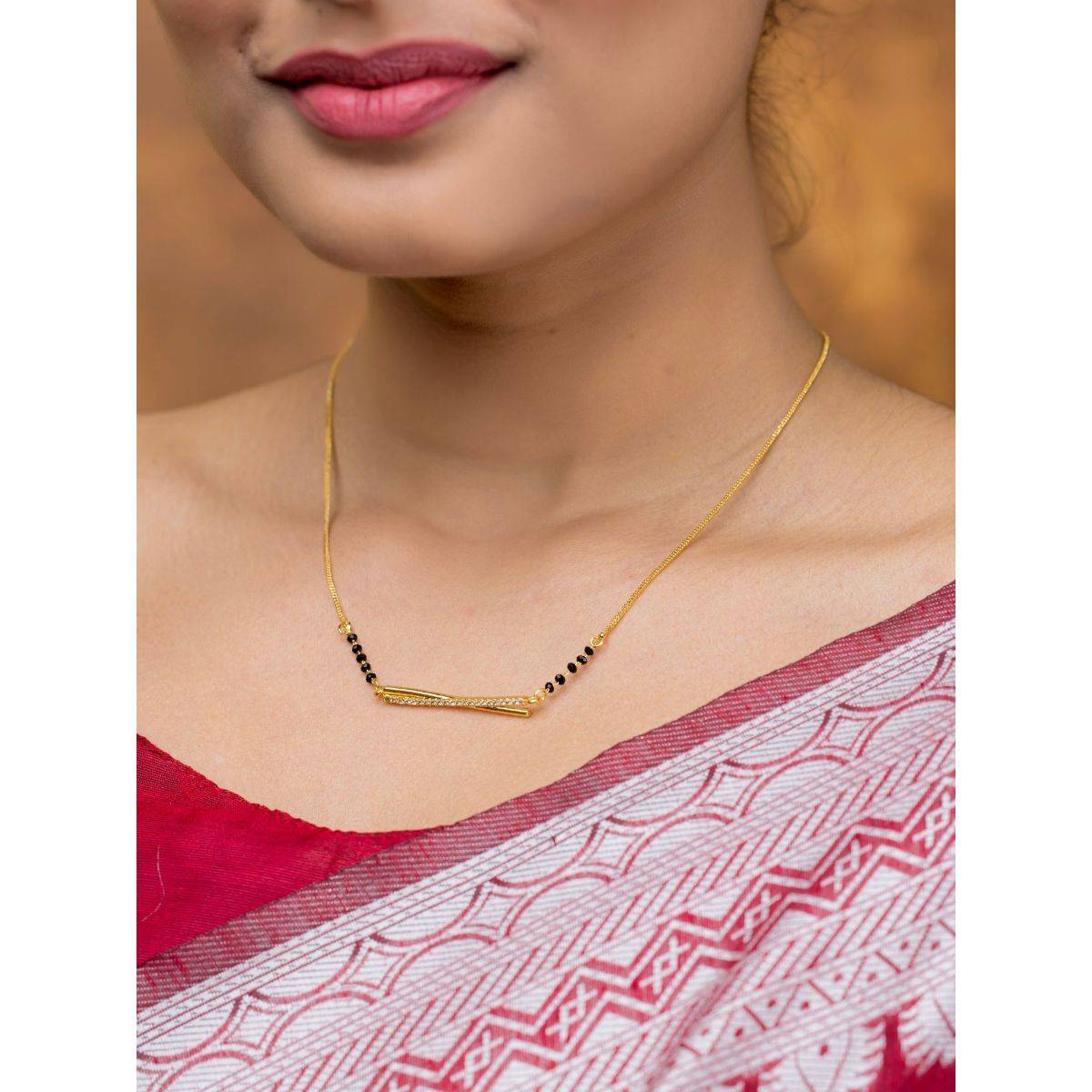 Abdesigns Gold Plated Diamond Black Bead Mangalsutra For Women White