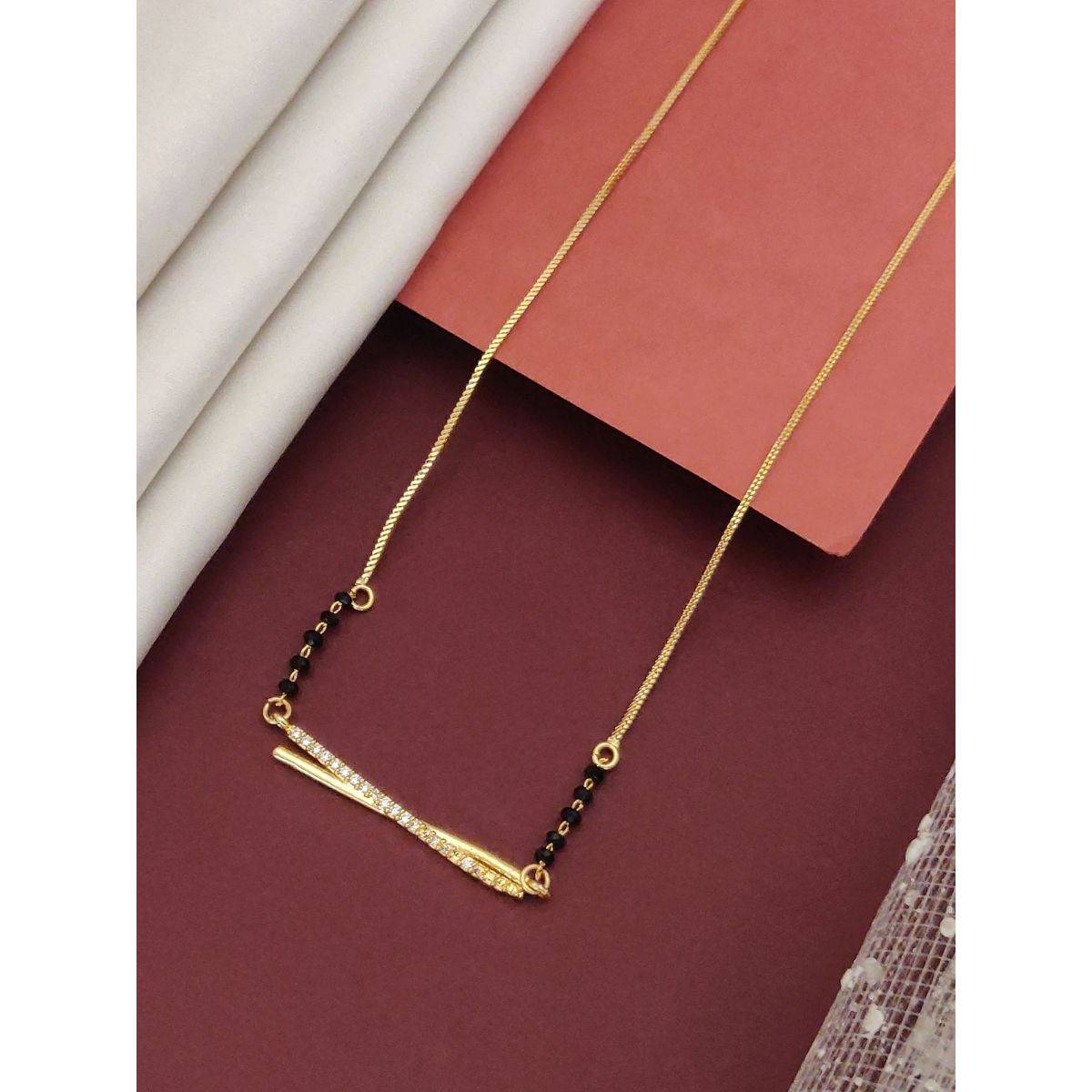 Abdesigns Gold Plated Diamond Black Bead Mangalsutra For Women White
