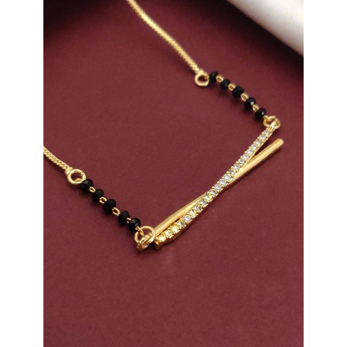 Abdesigns Gold Plated Diamond Black Bead Mangalsutra For Women White
