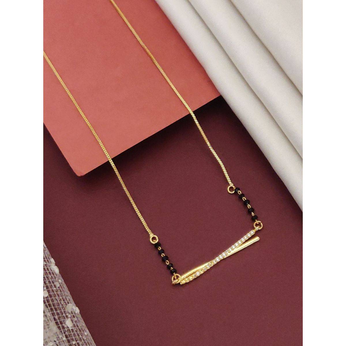 Abdesigns Gold Plated Diamond Black Bead Mangalsutra For Women White
