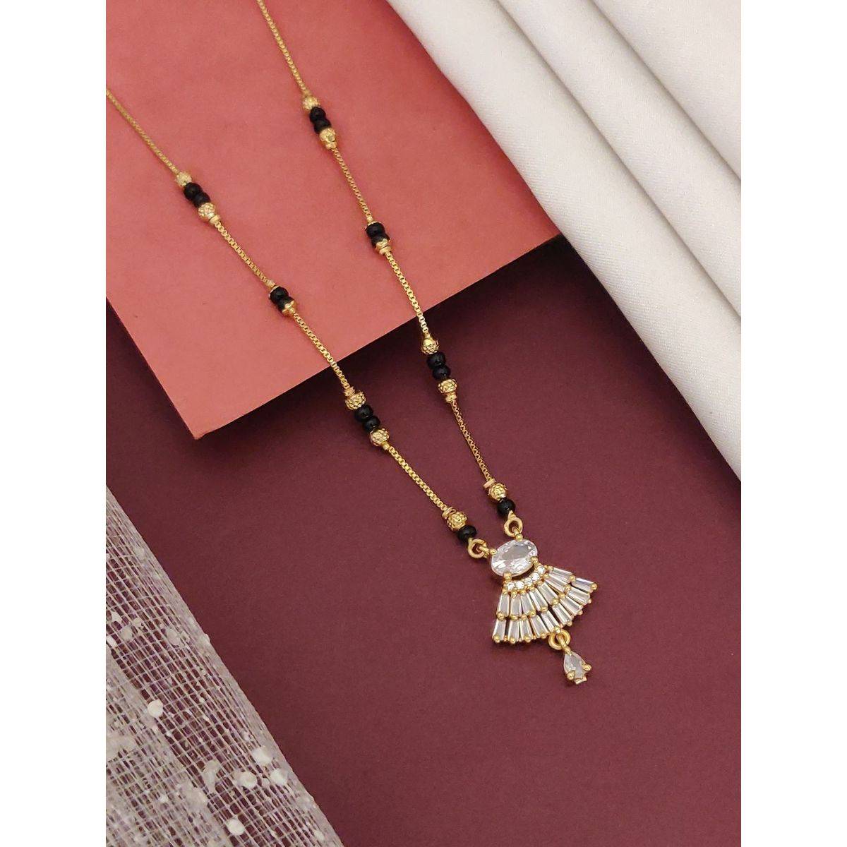 Abdesigns Gold Plated American Diamond Studded And Beaded Mangalsutra White