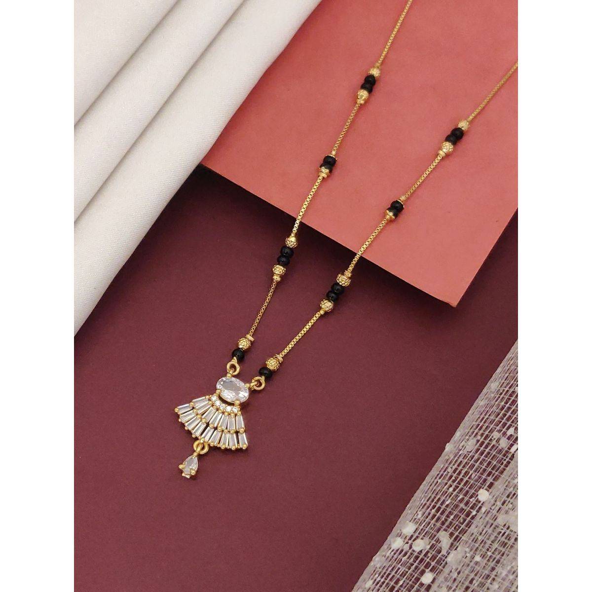 Abdesigns Gold Plated American Diamond Studded And Beaded Mangalsutra White