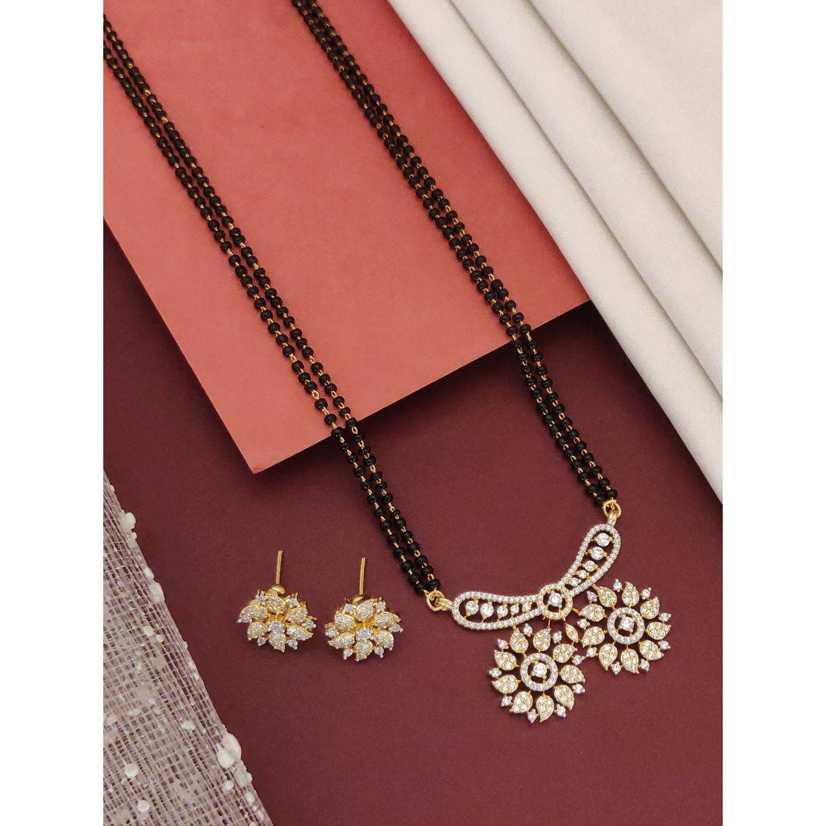 Abdesigns Gold Plated American Diamond Studded And Beaded Mangalsutra With Earrings White