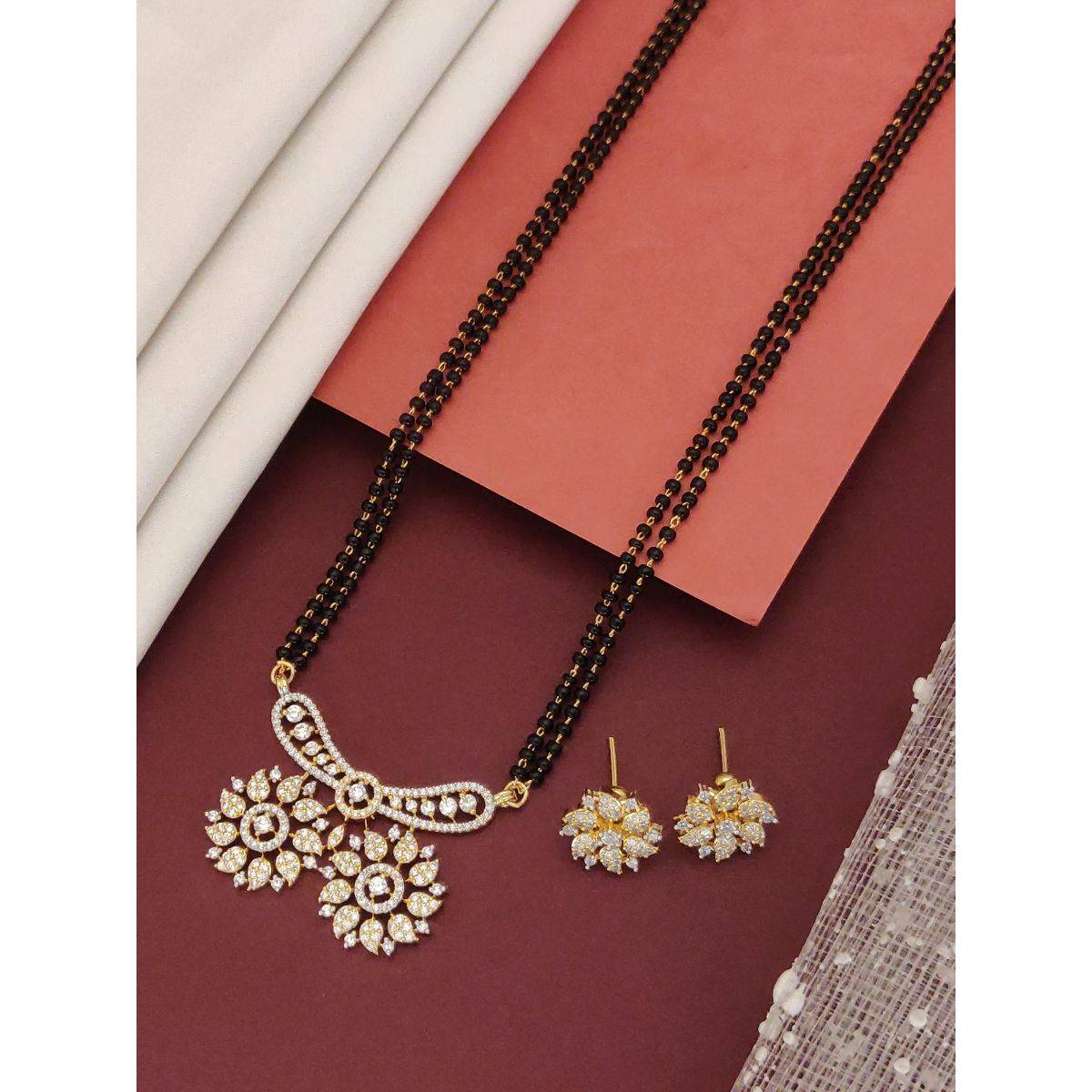 Abdesigns Gold Plated American Diamond Studded And Beaded Mangalsutra With Earrings White