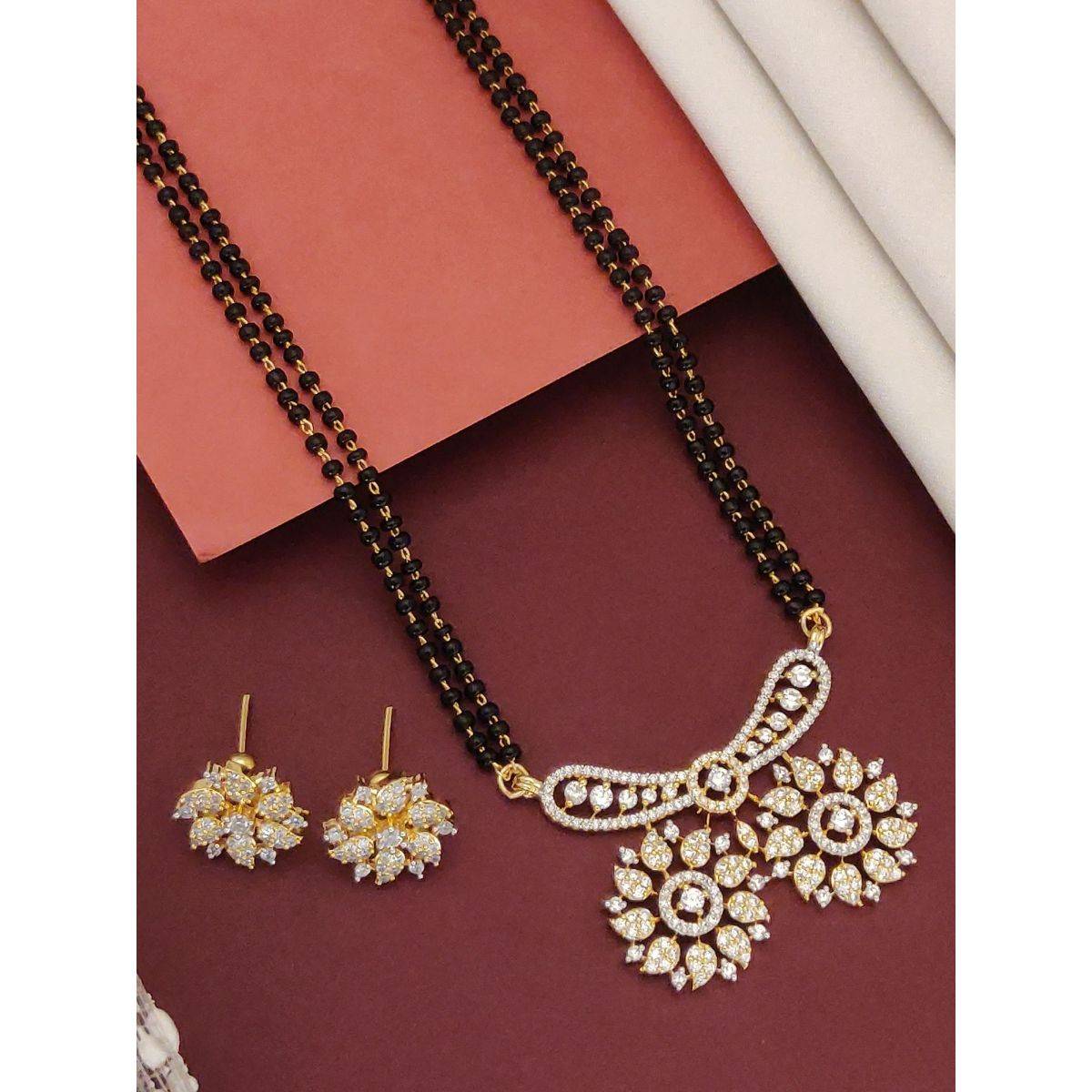 Abdesigns Gold Plated American Diamond Studded And Beaded Mangalsutra With Earrings White