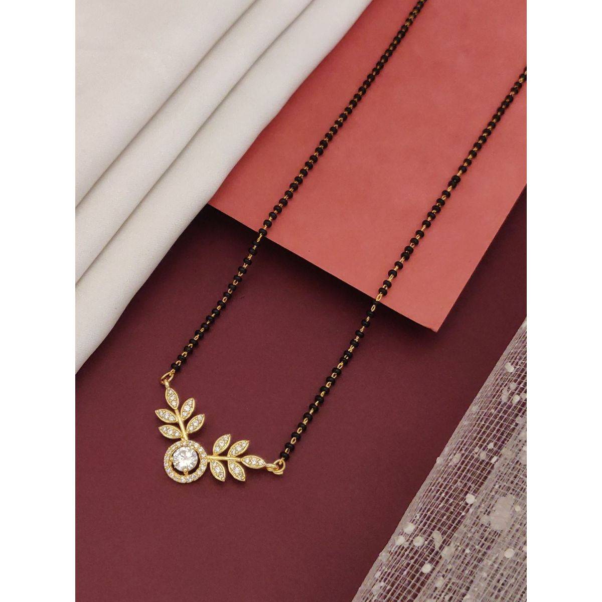 Abdesigns Gold Plated American Diamond Studded And Beaded Mangalsutra White