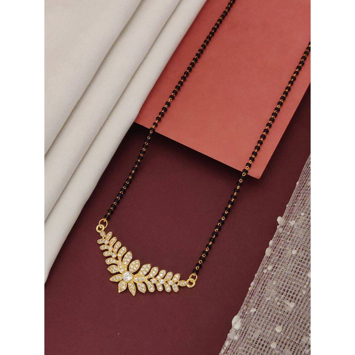 Abdesigns Gold Plated American Diamond Studded And Beaded Mangalsutra White