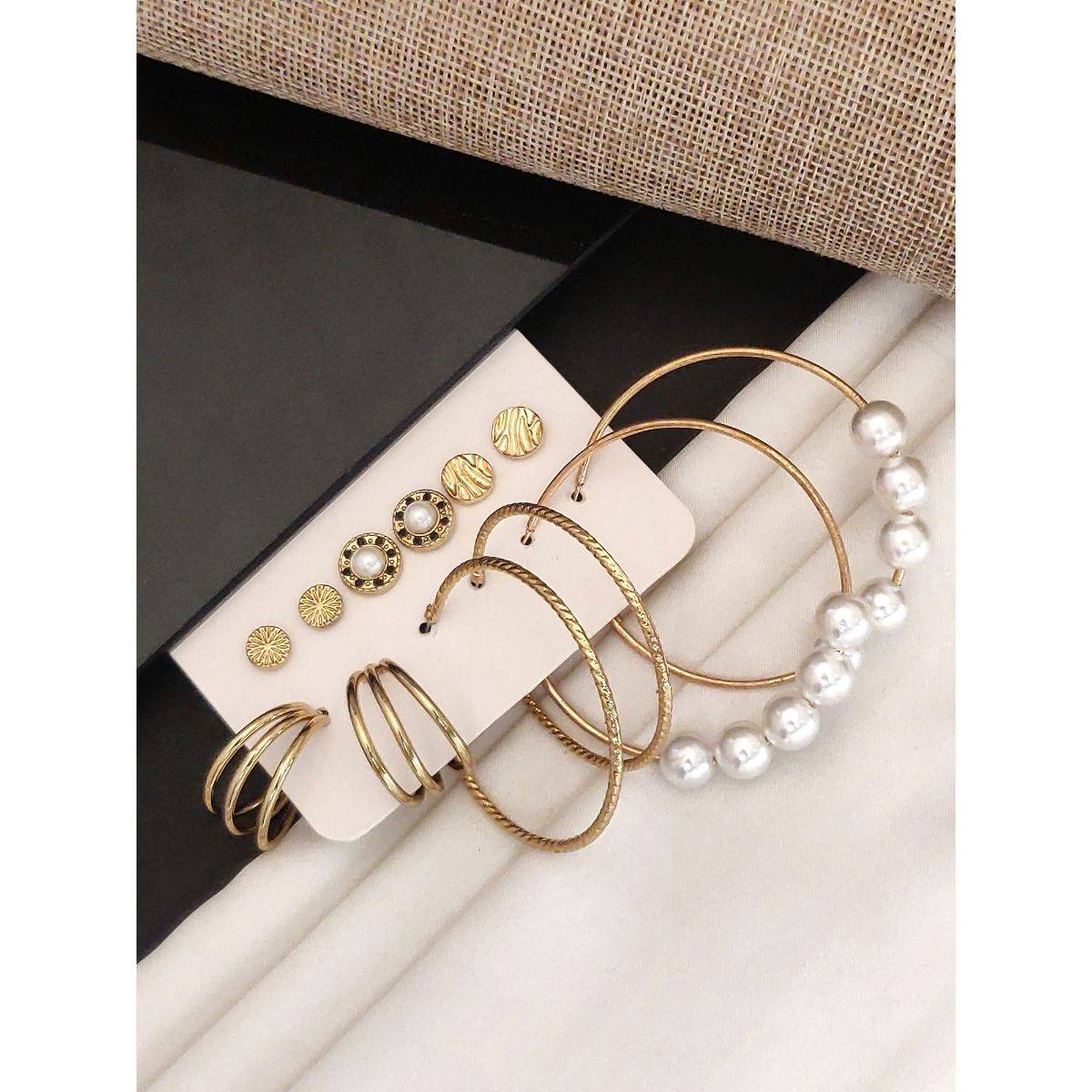 Abdesigns Set Of 6 Gold-Plated Contemporary Studs Earrings White