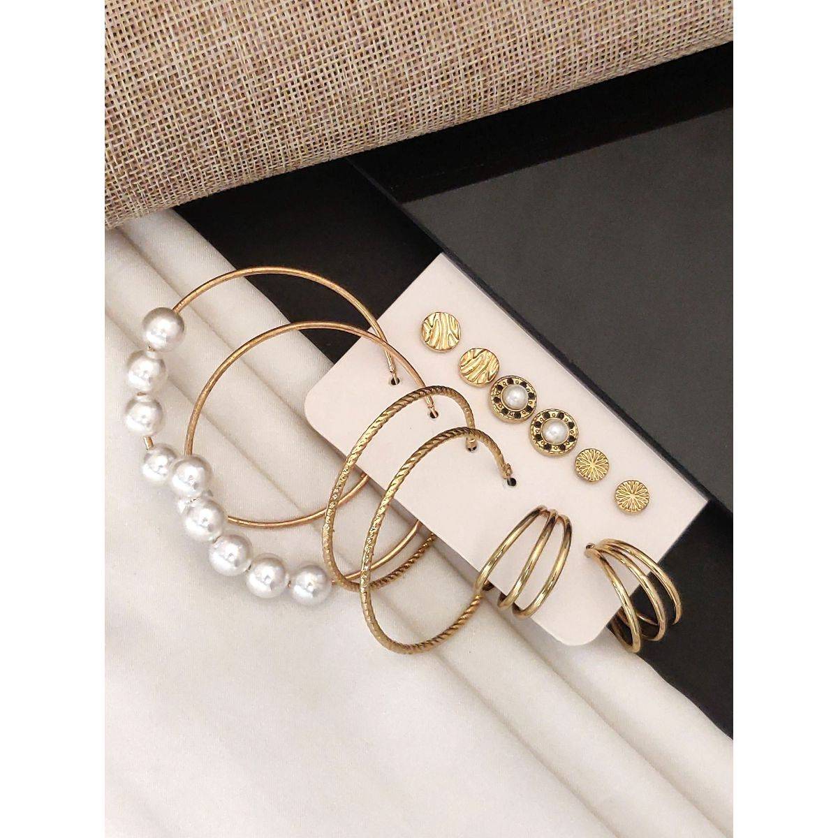 Abdesigns Set Of 6 Gold-Plated Contemporary Studs Earrings White