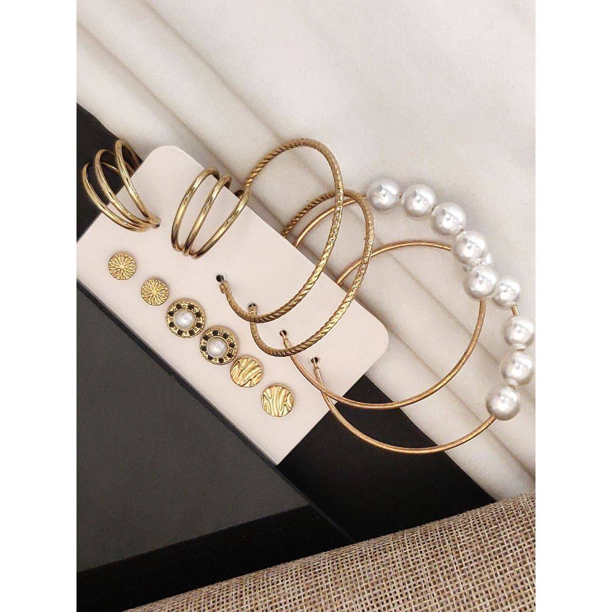 Abdesigns Set Of 6 Gold-Plated Contemporary Studs Earrings White