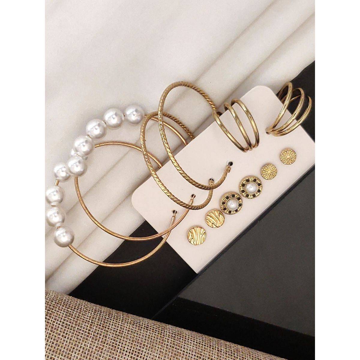 Abdesigns Set Of 6 Gold-Plated Contemporary Studs Earrings White