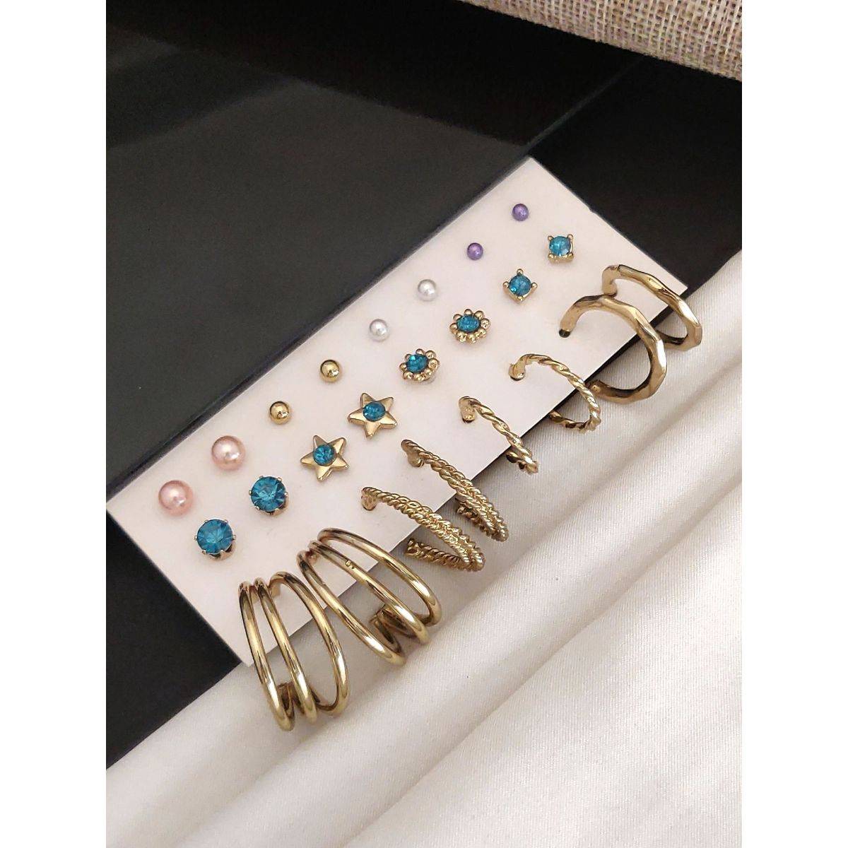 Abdesigns Set Of 12 Gold-Plated Contemporary Studs Earrings Multi-Color