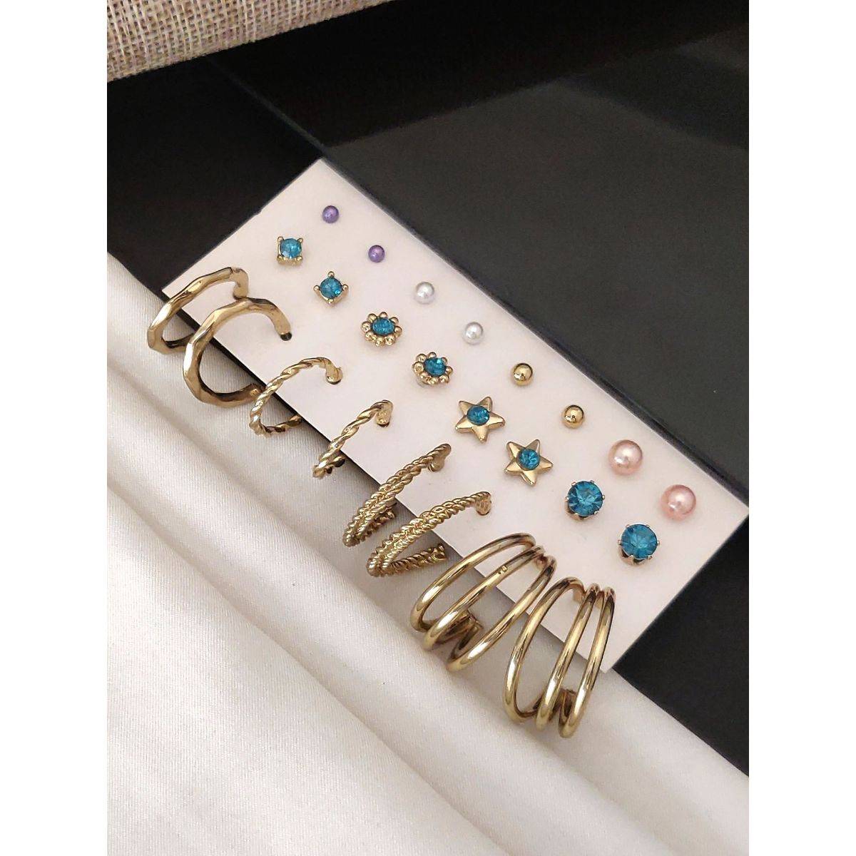 Abdesigns Set Of 12 Gold-Plated Contemporary Studs Earrings Multi-Color