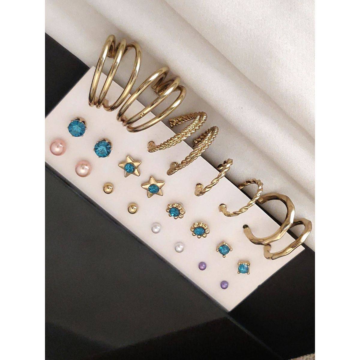 Abdesigns Set Of 12 Gold-Plated Contemporary Studs Earrings Multi-Color