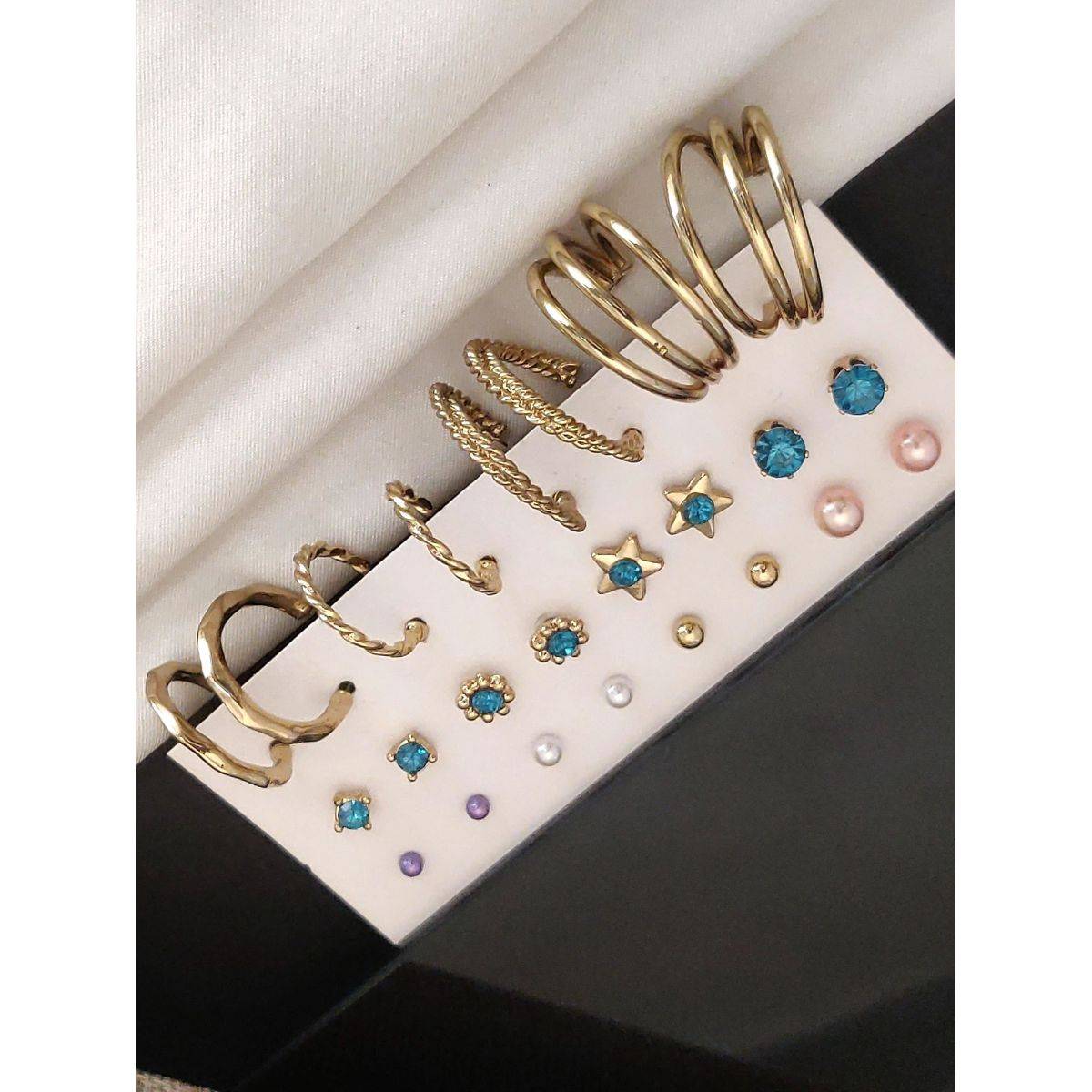 Abdesigns Set Of 12 Gold-Plated Contemporary Studs Earrings Multi-Color