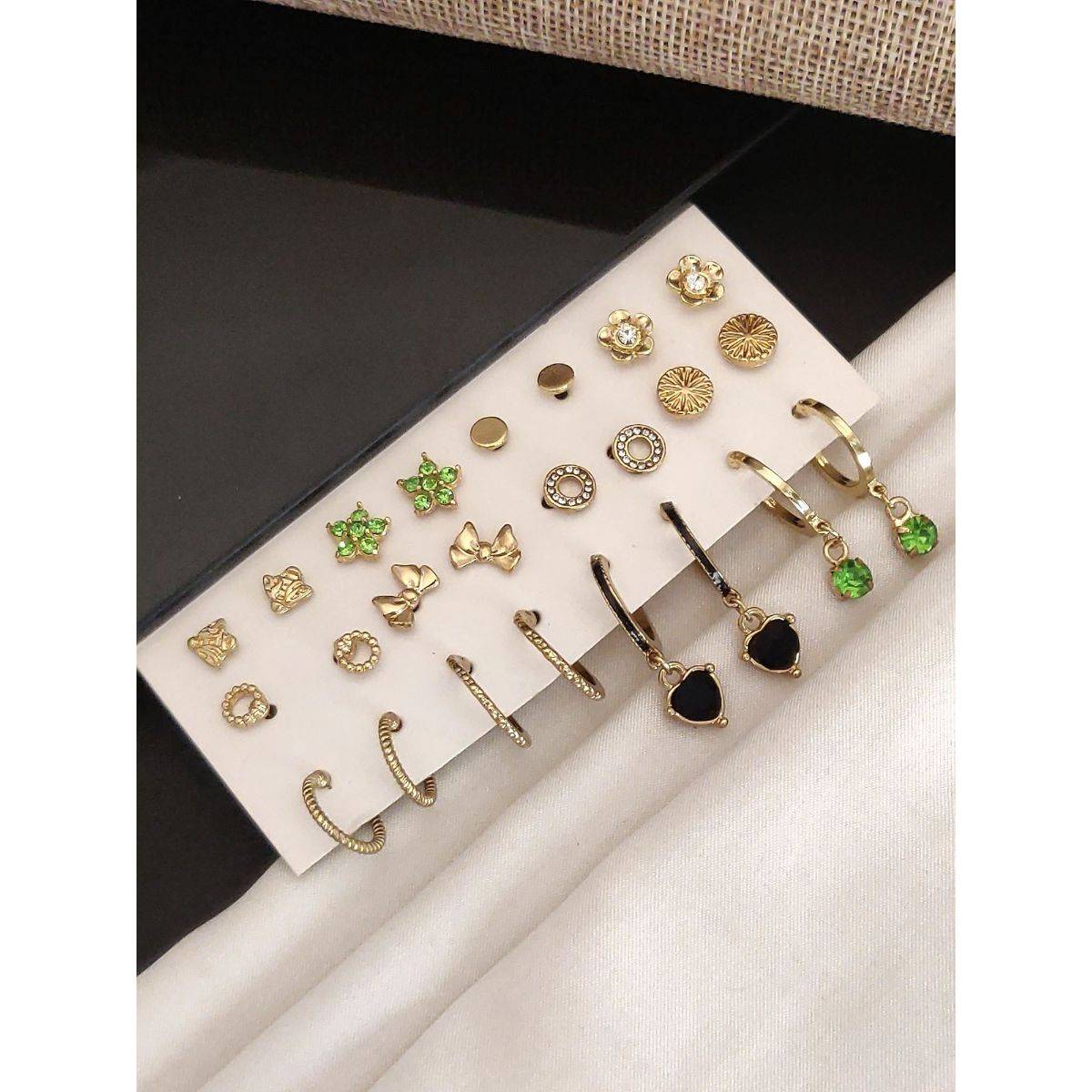 Abdesigns Set Of 12 Gold-Plated Contemporary Studs Earrings Multi-Color