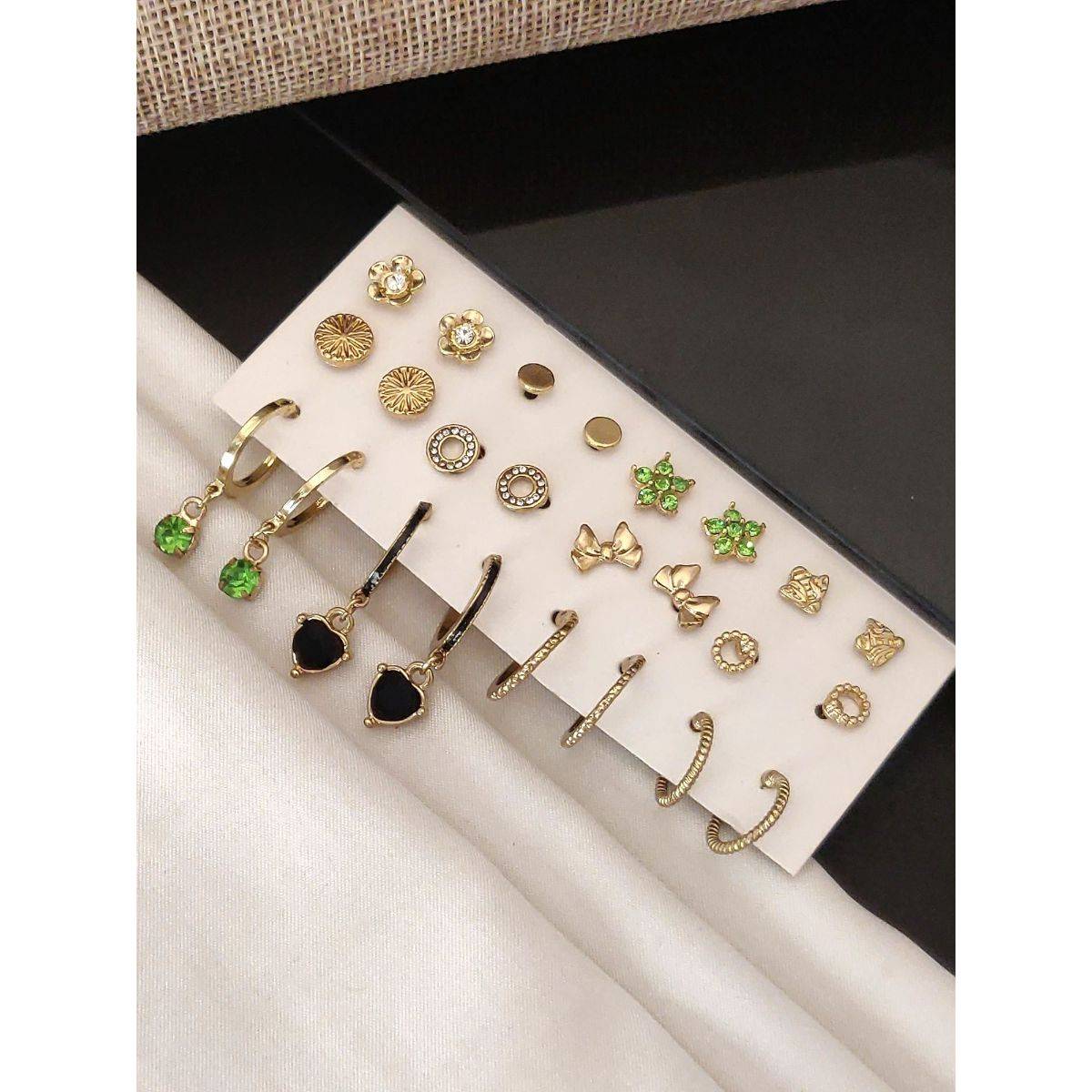 Abdesigns Set Of 12 Gold-Plated Contemporary Studs Earrings Multi-Color