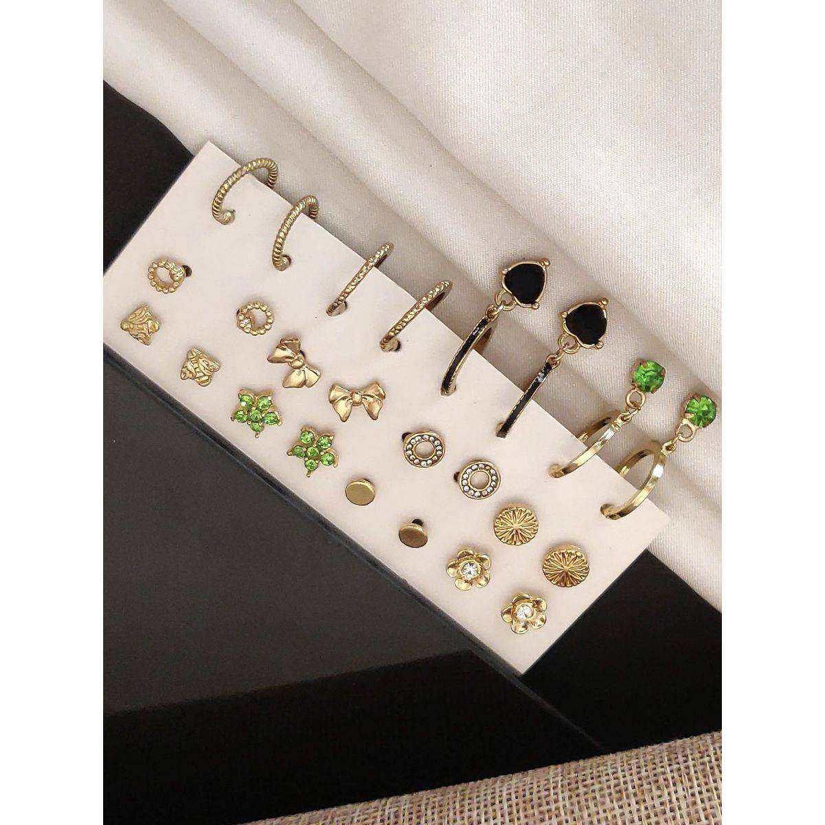 Abdesigns Set Of 12 Gold-Plated Contemporary Studs Earrings Multi-Color