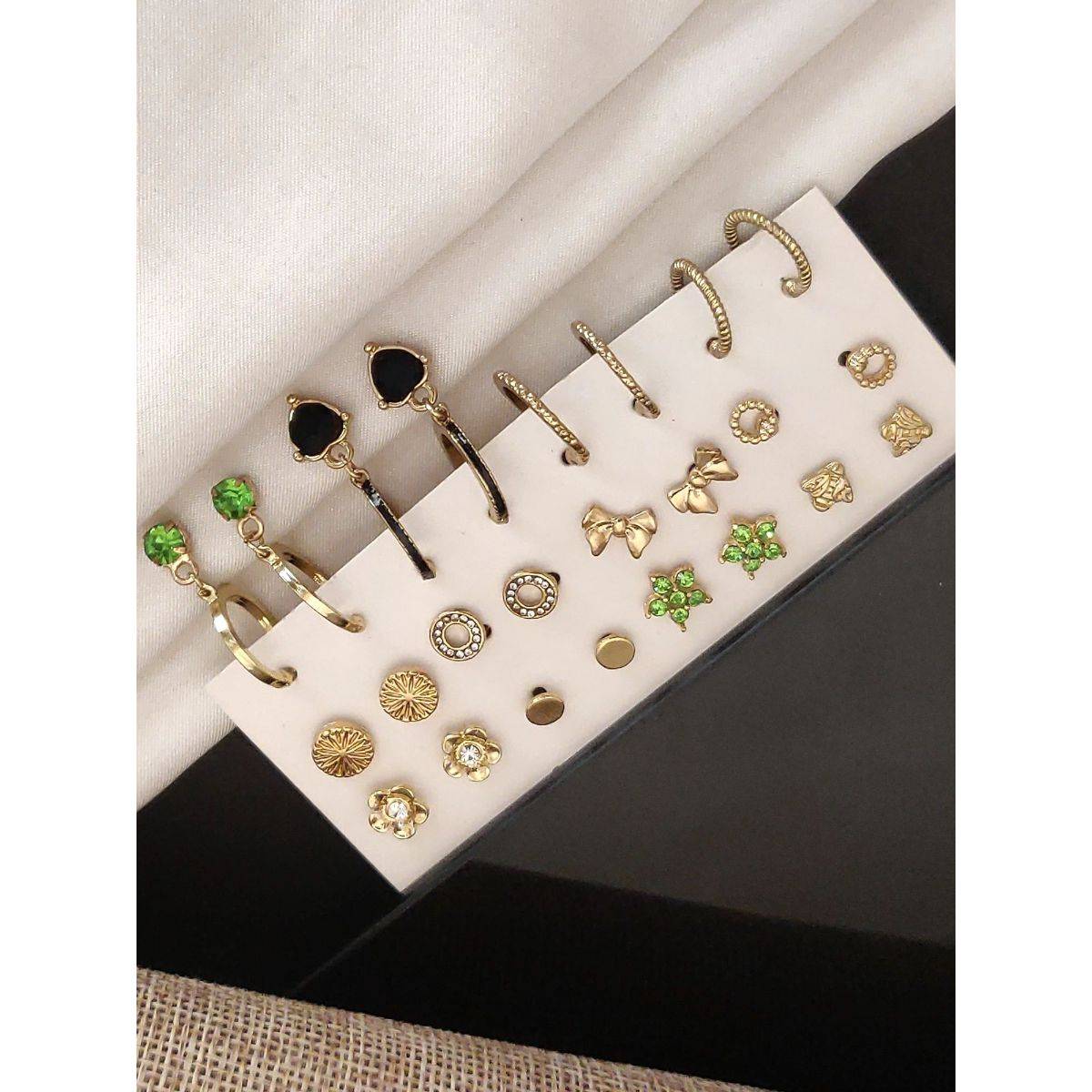 Abdesigns Set Of 12 Gold-Plated Contemporary Studs Earrings Multi-Color