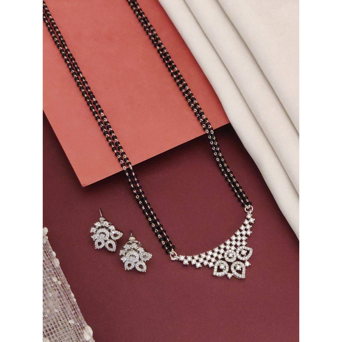 Abdesigns Silver Plated American Diamond Studded And Beaded Mangalsutra With Earrings White
