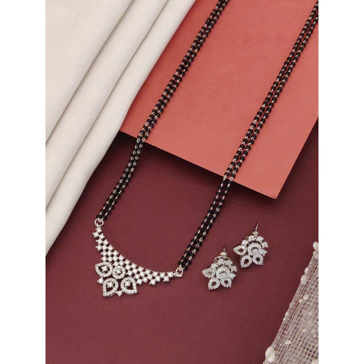 Abdesigns Silver Plated American Diamond Studded And Beaded Mangalsutra With Earrings White