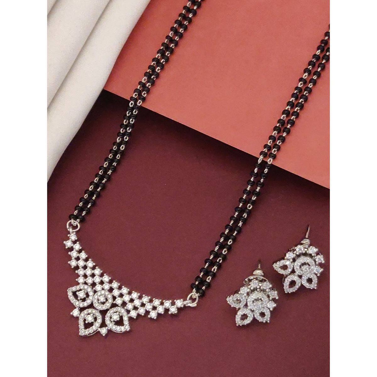 Abdesigns Silver Plated American Diamond Studded And Beaded Mangalsutra With Earrings White