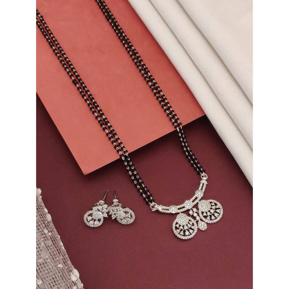 Abdesigns Silver Plated American Diamond Studded And Beaded Mangalsutra With Earrings White