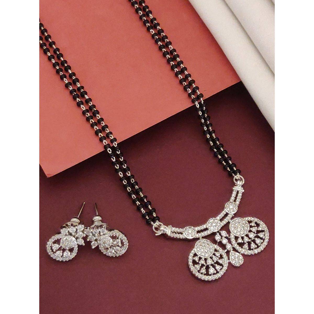 Abdesigns Silver Plated American Diamond Studded And Beaded Mangalsutra With Earrings White