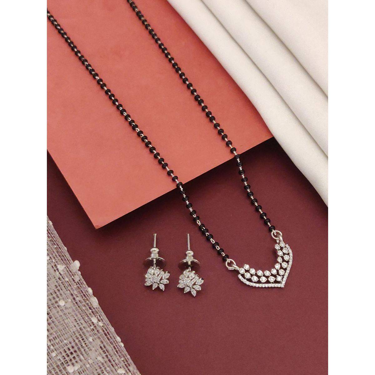 Abdesigns Silver Plated American Diamond Studded And Beaded Mangalsutra With Earrings White