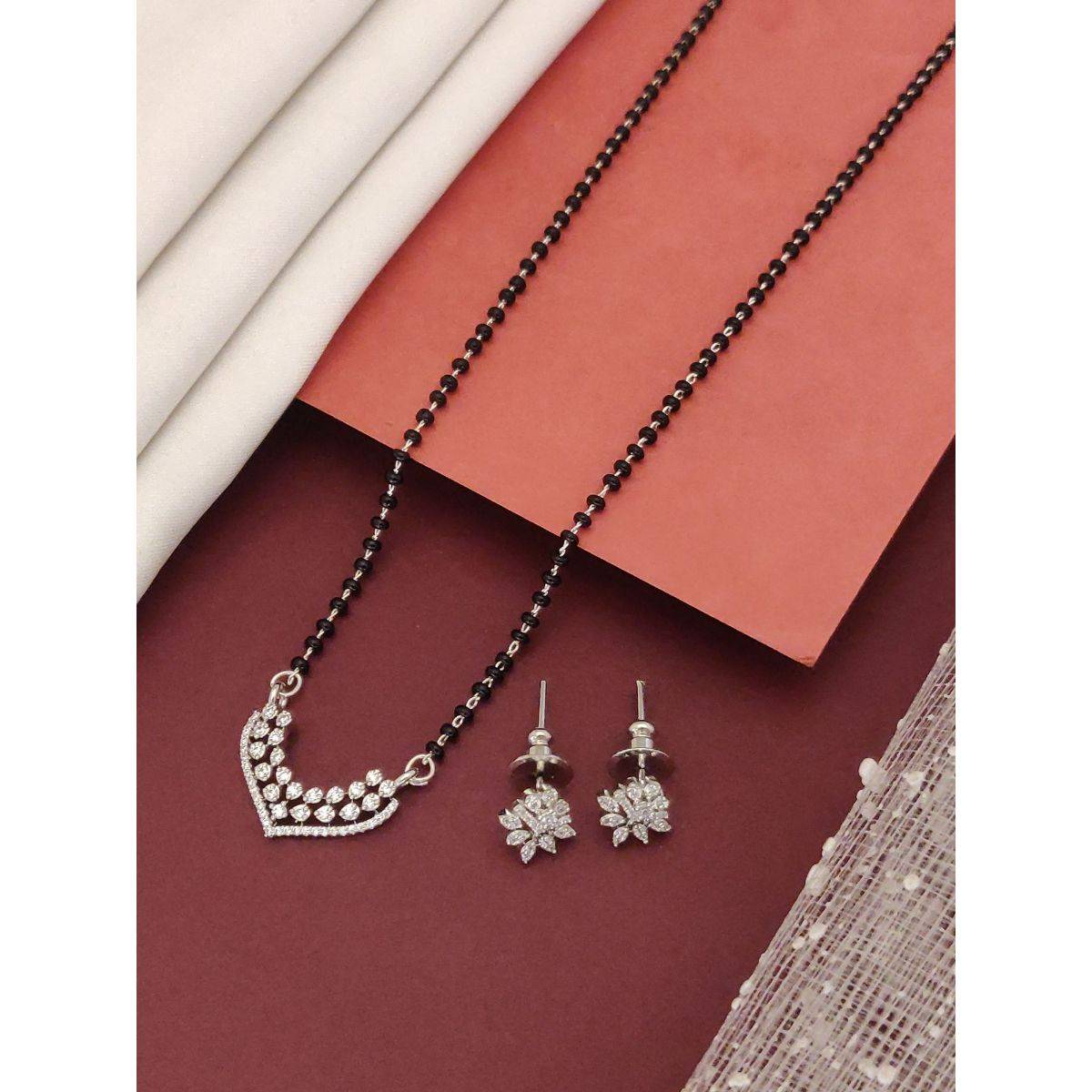 Abdesigns Silver Plated American Diamond Studded And Beaded Mangalsutra With Earrings White