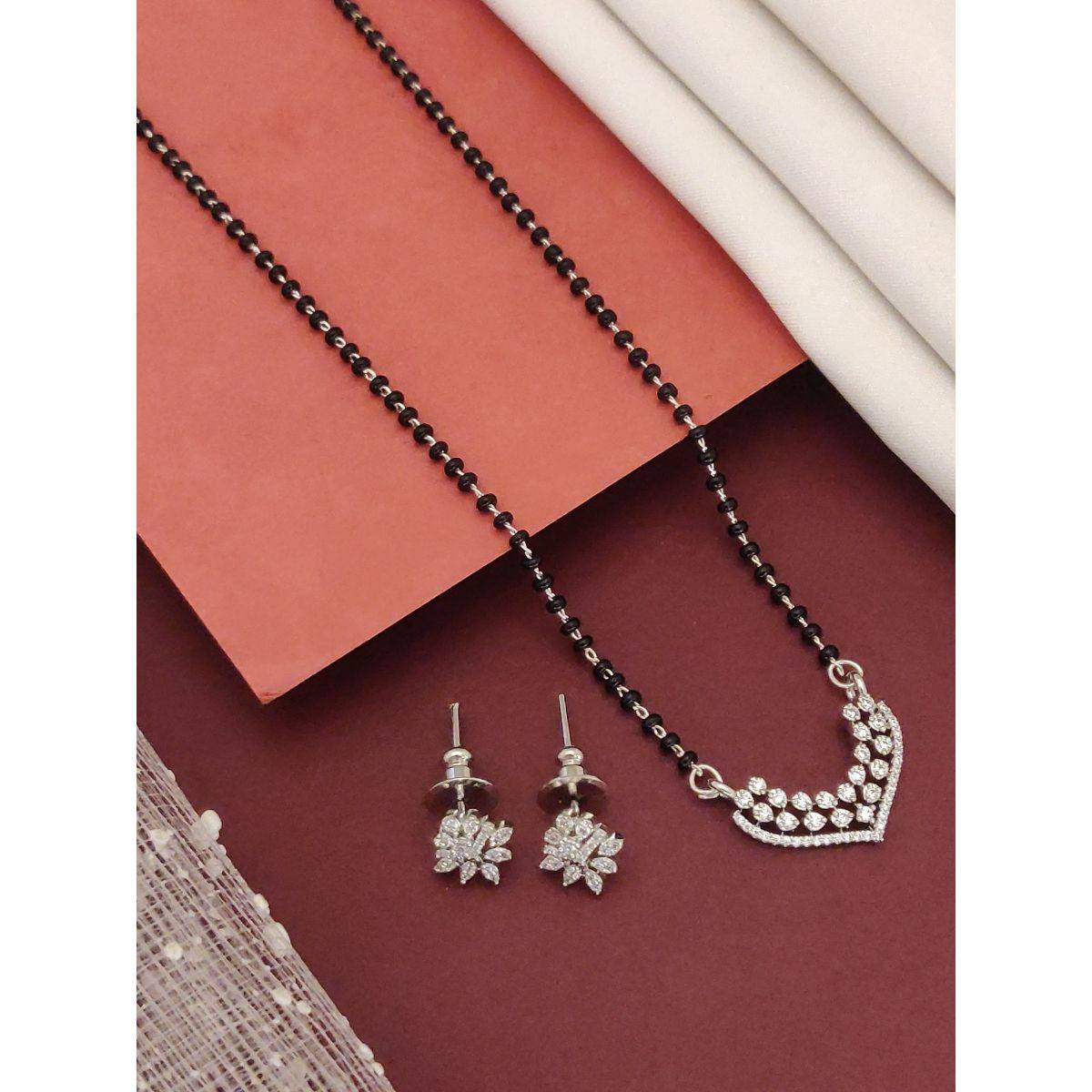 Abdesigns Silver Plated American Diamond Studded And Beaded Mangalsutra With Earrings White