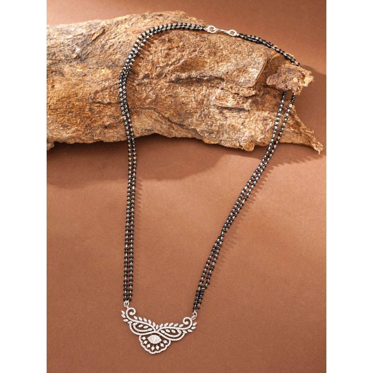 Abdesigns Sophisticated Silver Plated American Diamond Mangalsutra With Pair Of Earrings White