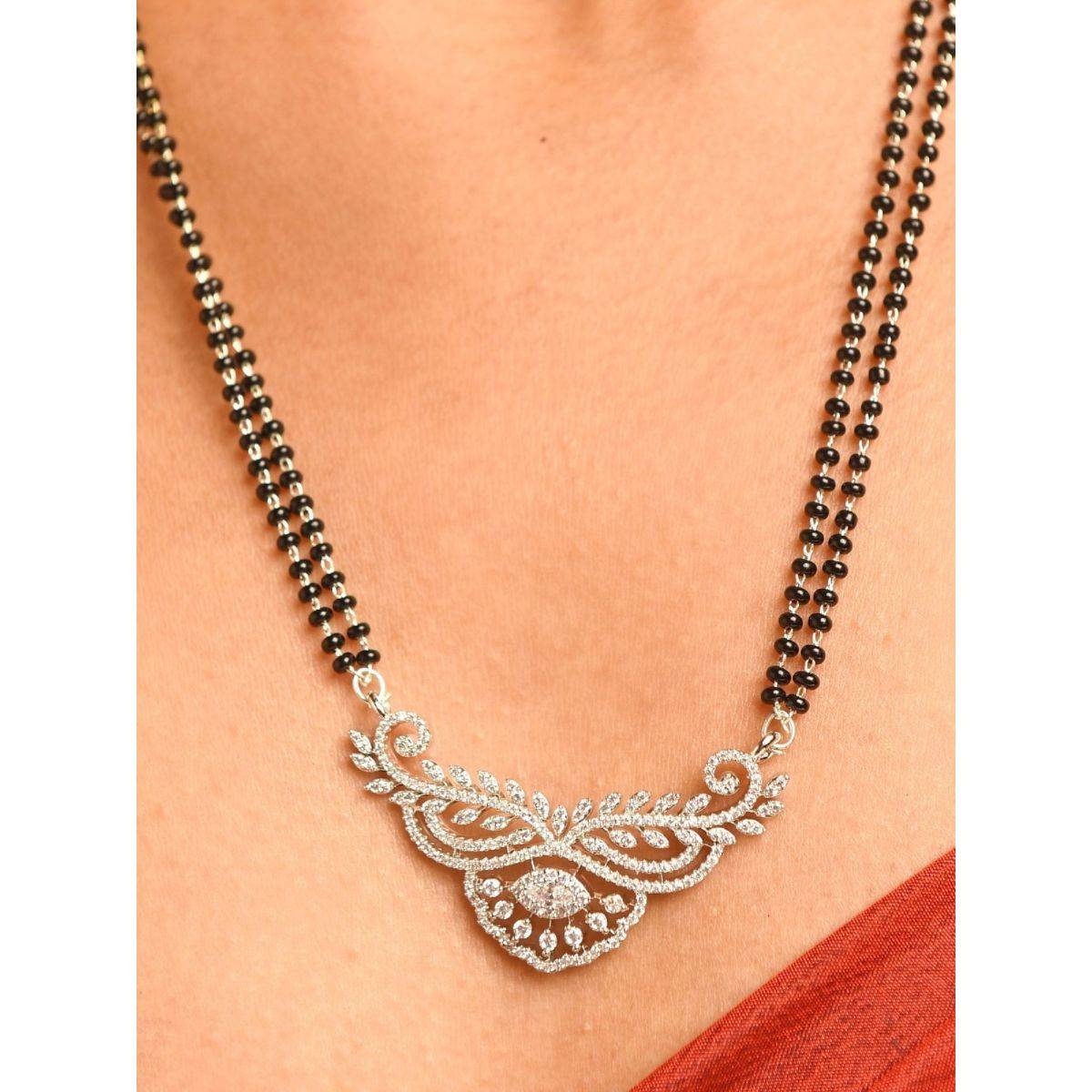 Abdesigns Sophisticated Silver Plated American Diamond Mangalsutra With Pair Of Earrings White