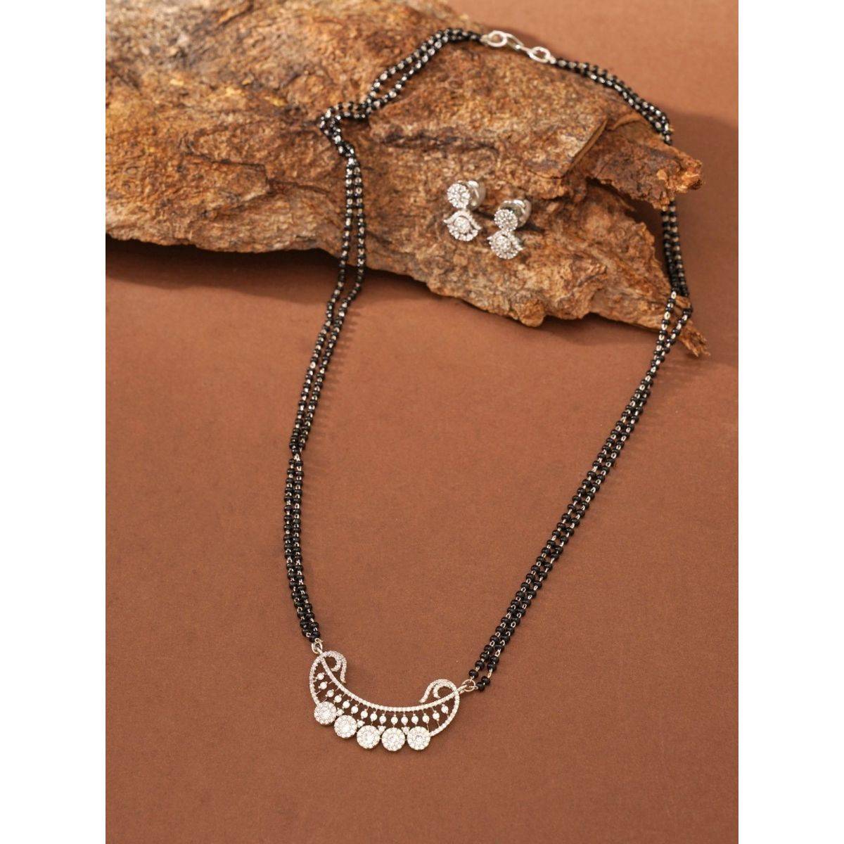 Abdesigns Sophisticated Silver Plated American Diamond Mangalsutra With Pair Of Earrings White